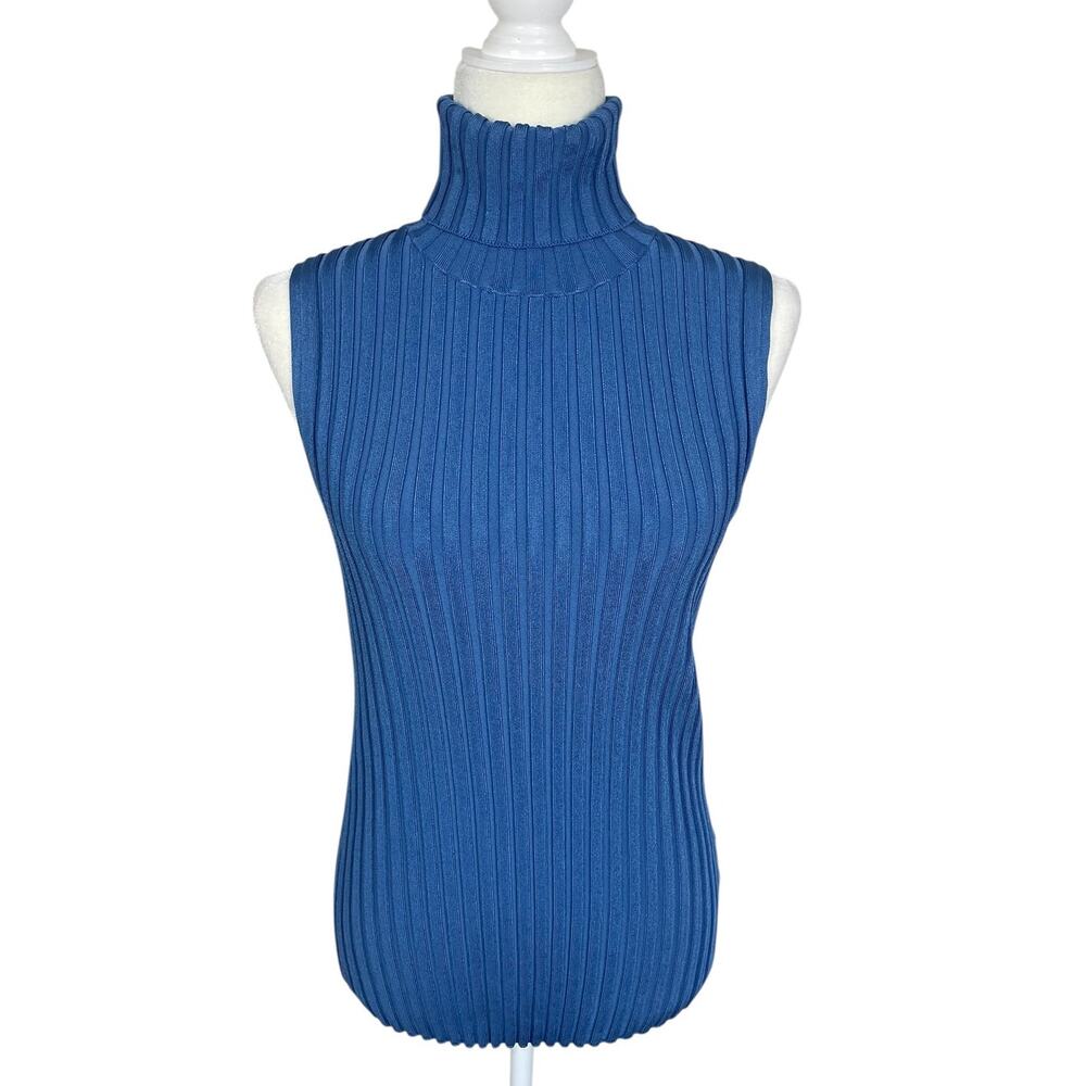 Veronica Beard Sleeveless Ribbed Stretch Turtleneck Top Blue Size M Refined Chic